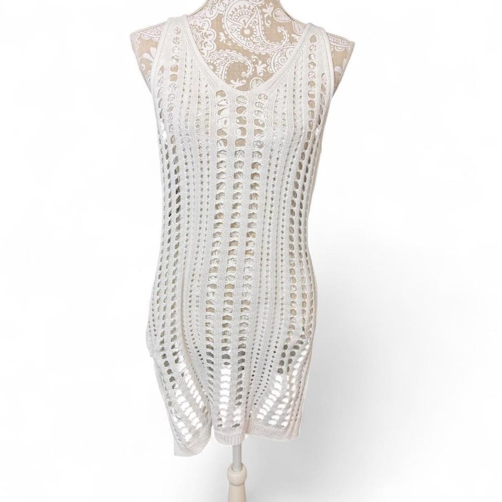 White Open Knit Crochet Sleeveless Cover Up Dress Size M Boho Cottage Core